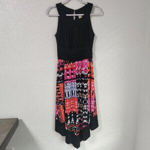 Signature by Sangria Black Pink Dress Fit & Flare handkerchief hem sleeveless 10